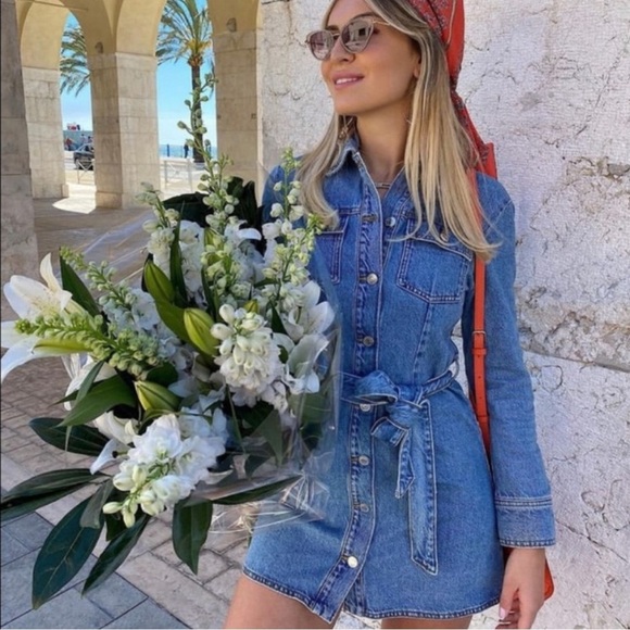 Zara Tie Waist Long Sleeve Denim Mini Dress - Picture 1 of 6
